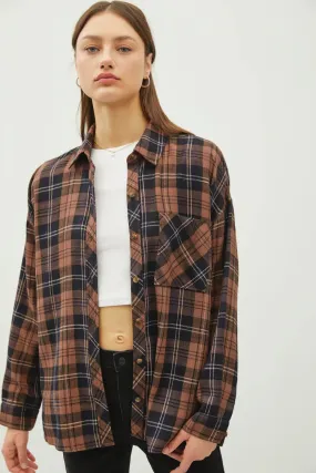 Juliette Oversize Flannel Long Sleeve Top Brown