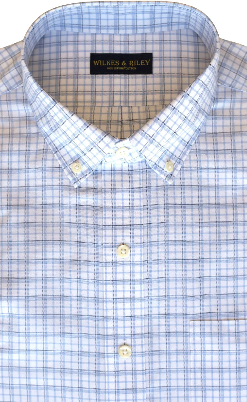 Tailored Fit Blue & Sky Twill Check Supima® Cotton Non-Iron Button-Down Collar Sport Shirt