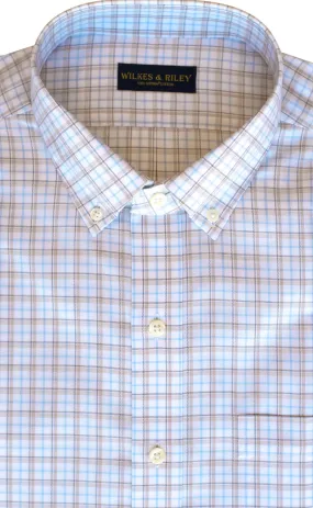 Tailored Fit Camel & Sky Twill Check Supima® Cotton Non-Iron Button-Down Collar Sport Shirt