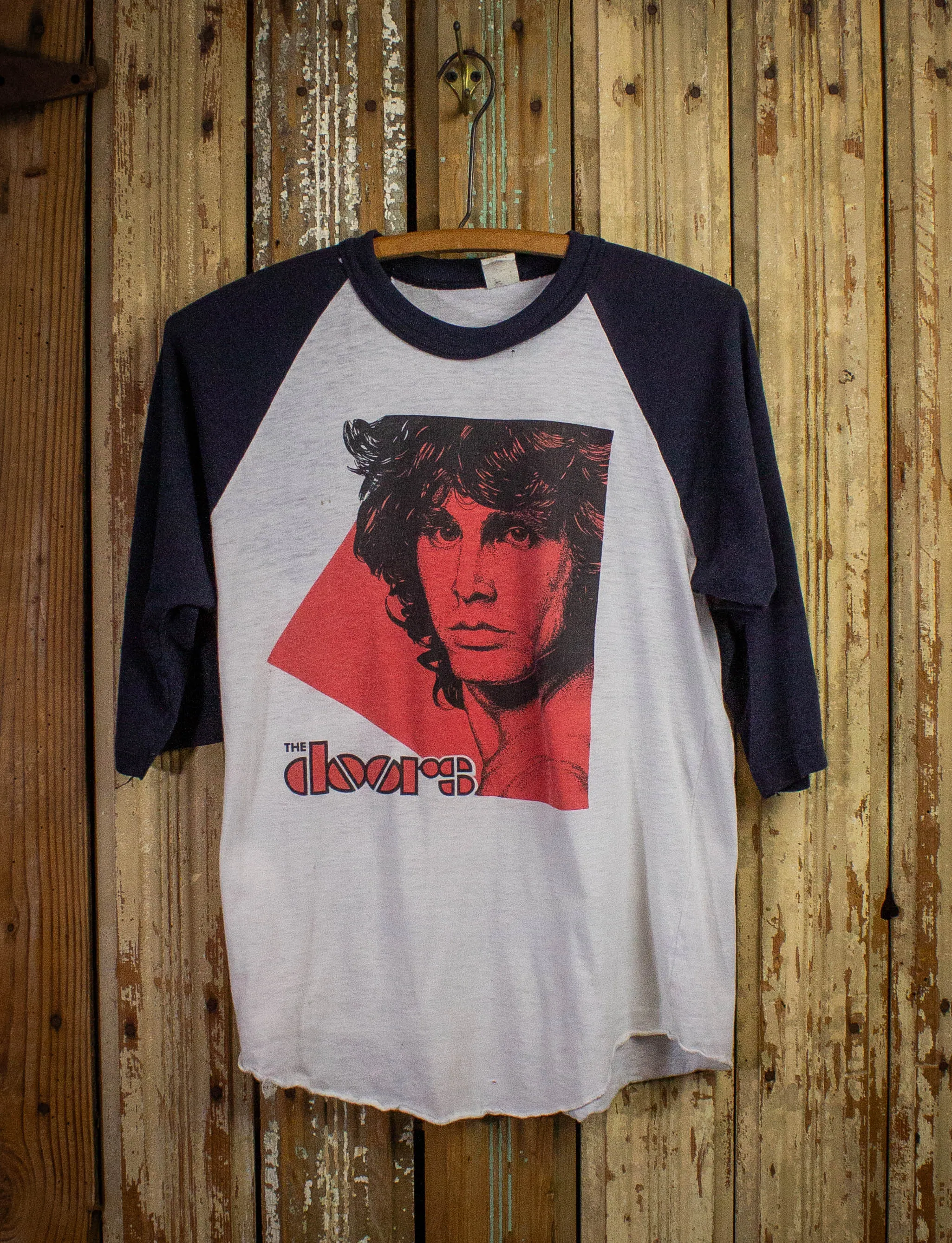 Vintage Doors Jim Morrison Raglan T Shirt 80s White and Navy Blue Small